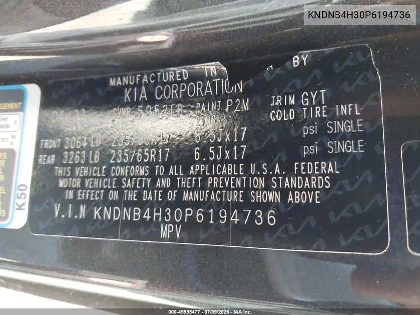 2023 Kia Carnival Mpv Lx Seat Package VIN: KNDNB4H30P6194736 Lot: 45555477
