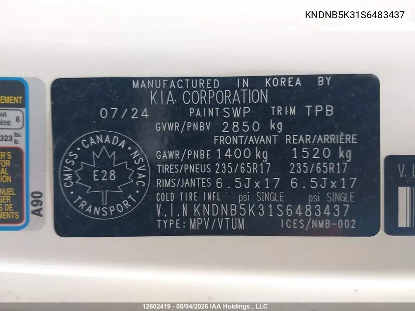 2024 Kia Carnival Lx VIN: KNDNB5K31S6483437 Lot: 12602419
