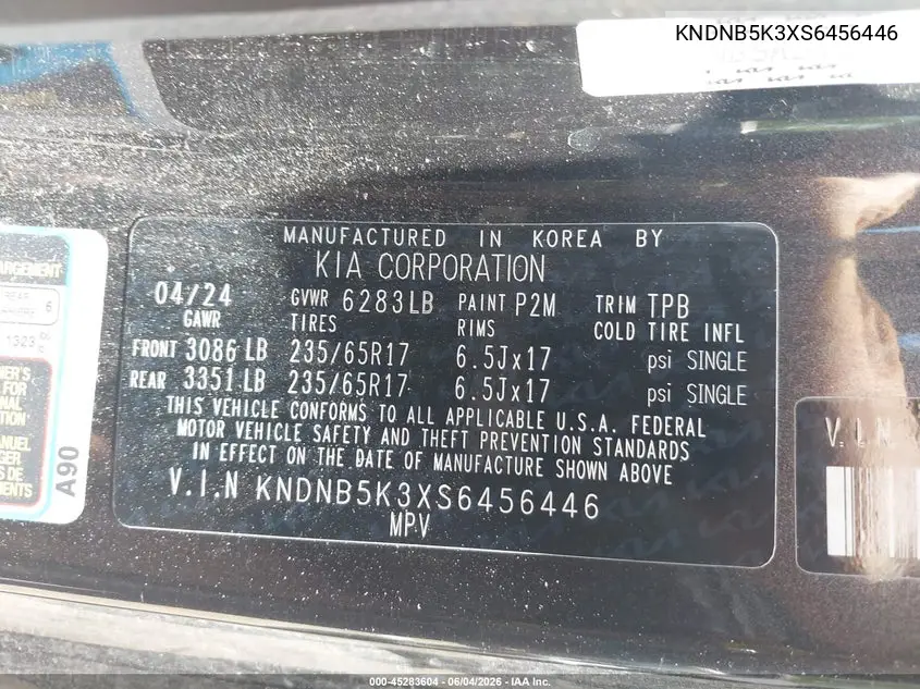 2025 Kia Carnival Mpv Lxs VIN: KNDNB5K3XS6456446 Lot: 45283604