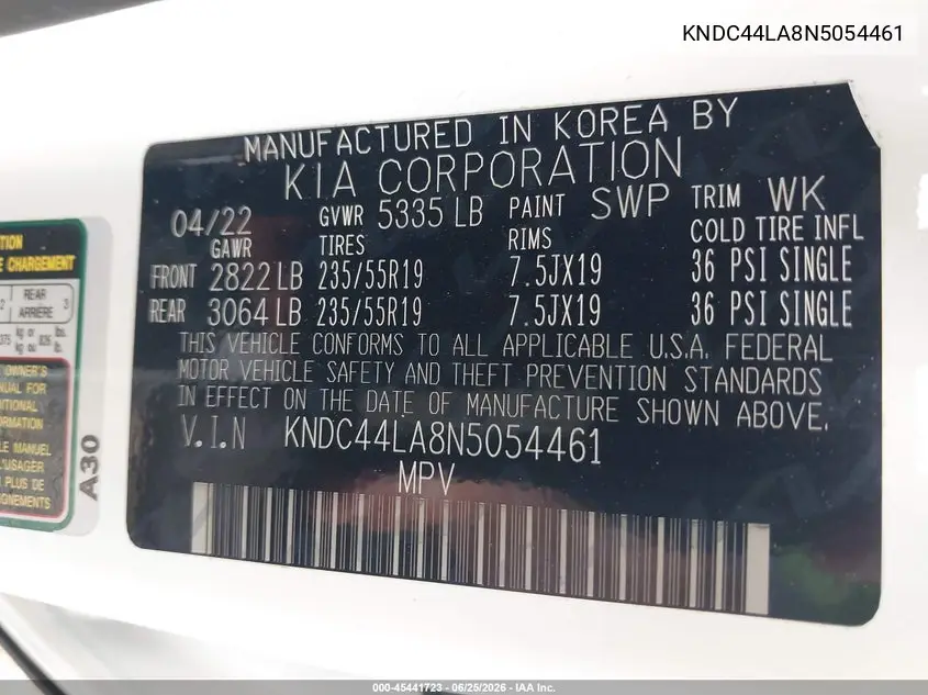 2022 Kia Ev6 Gt-Line VIN: KNDC44LA8N5054461 Lot: 45441723