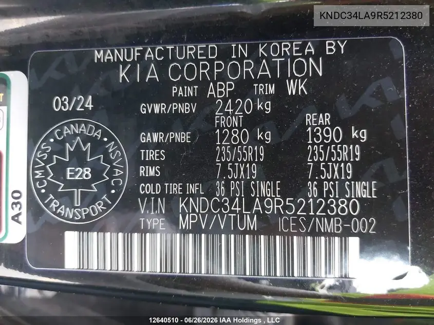 2024 Kia Ev6 Wind VIN: KNDC34LA9R5212380 Lot: 12640510