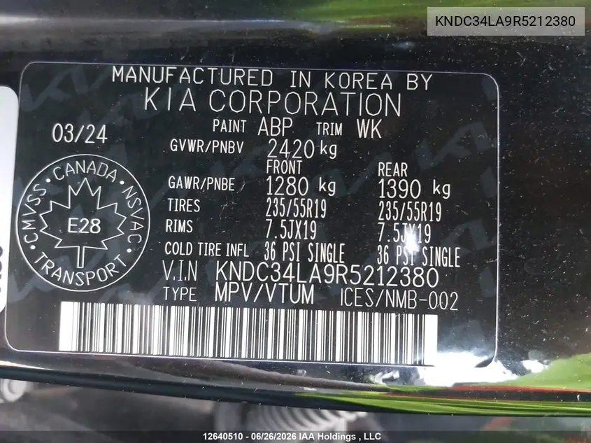 2024 Kia Ev6 Wind VIN: KNDC34LA9R5212380 Lot: 12640510