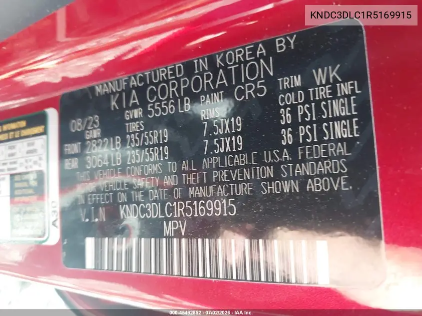 2024 Kia Ev6 Wind VIN: KNDC3DLC1R5169915 Lot: 45492852