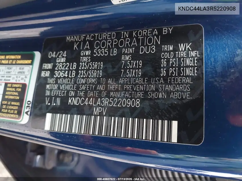 2024 Kia Ev6 Gt-Line VIN: KNDC44LA3R5220908 Lot: 45607622