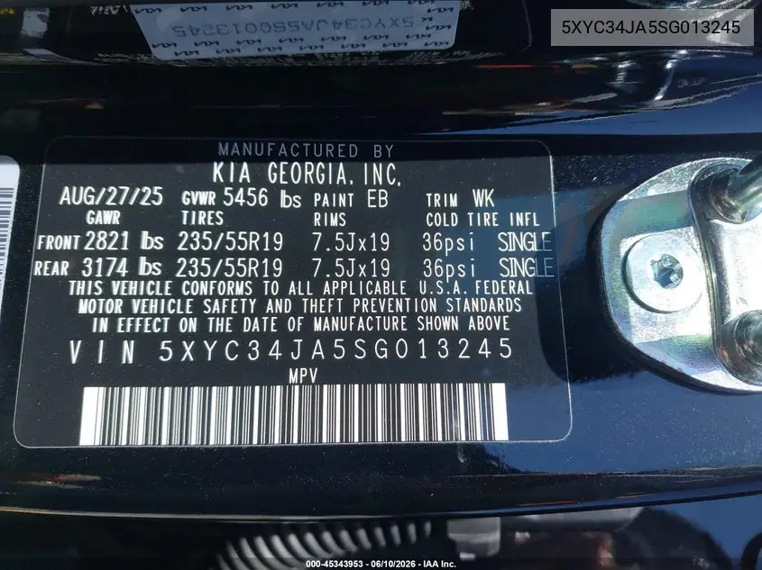 2025 Kia Ev6 Light Long Range Rwd VIN: 5XYC34JA5SG013245 Lot: 45343953