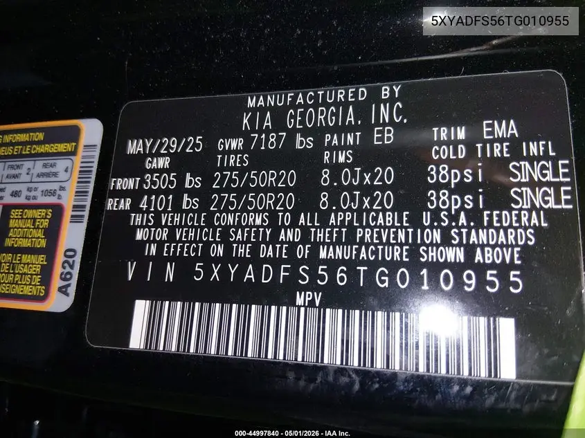 2026 Kia Ev9 Land VIN: 5XYADFS56TG010955 Lot: 44997840