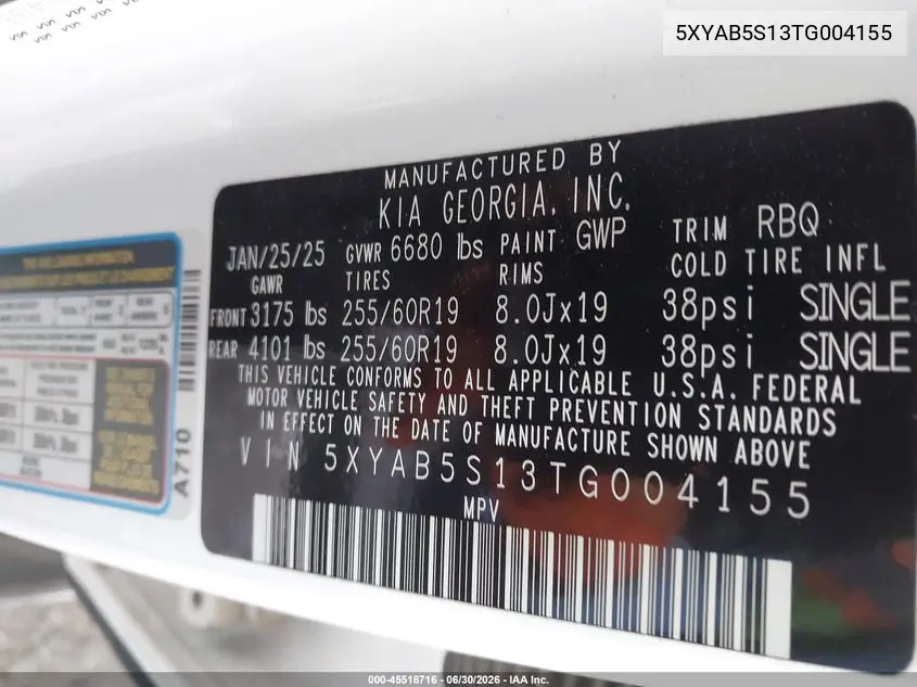 2026 Kia Ev9 Light Long Range VIN: 5XYAB5S13TG004155 Lot: 45518716