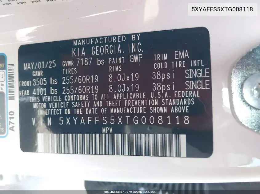 2026 Kia Ev9 Wind VIN: 5XYAFFS5XTG008118 Lot: 45634897