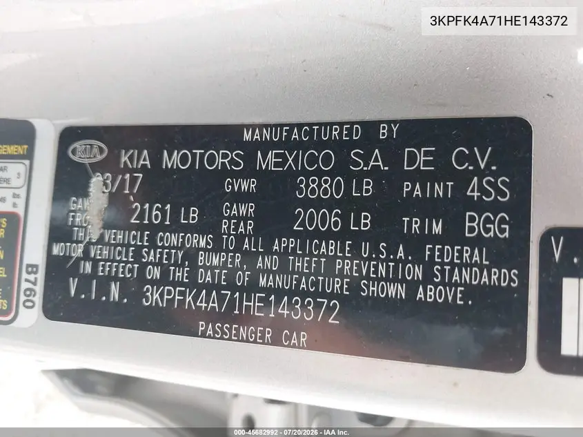 2017 Kia Forte Lx VIN: 3KPFK4A71HE143372 Lot: 45682992