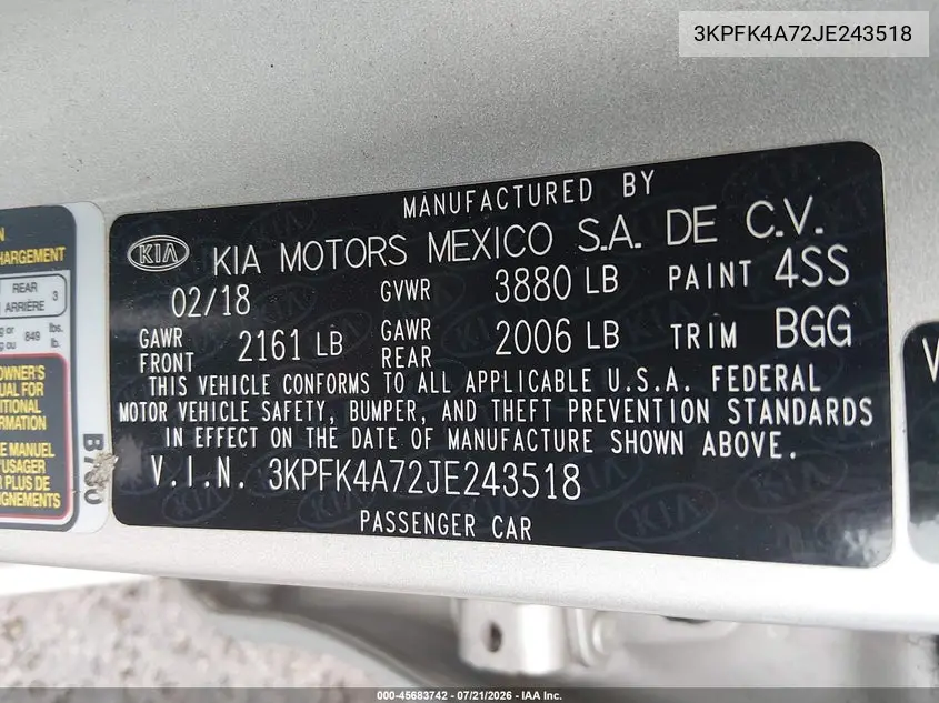 2018 Kia Forte Lx VIN: 3KPFK4A72JE243518 Lot: 45683742