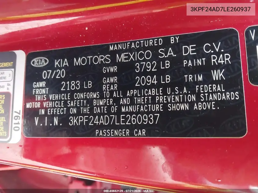 2020 Kia Forte Lxs VIN: 3KPF24AD7LE260937 Lot: 45682129