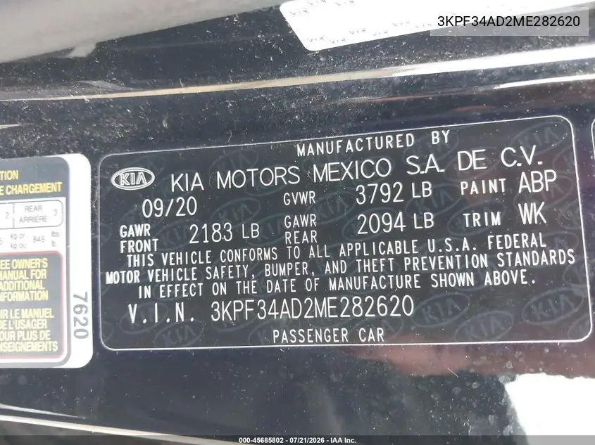 2021 Kia Forte Gt-Line VIN: 3KPF34AD2ME282620 Lot: 45685802