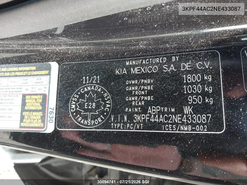 2022 Kia Forte Gt VIN: 3KPF44AC2NE433087 Lot: 30094741
