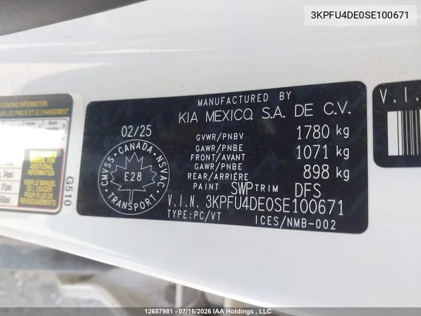 2025 Kia K4 Ex/Ex+ VIN: 3KPFU4DE0SE100671 Lot: 12657981