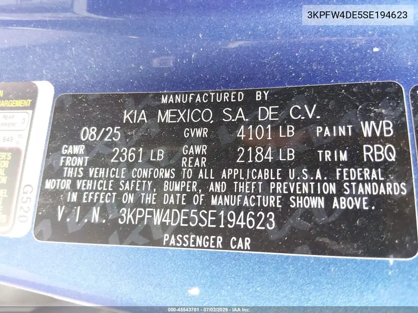 2025 Kia K4 Gt-Line VIN: 3KPFW4DE5SE194623 Lot: 45543701