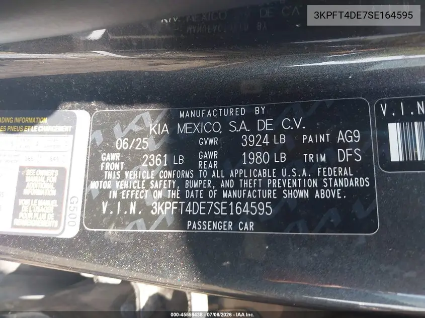 2025 Kia K4 Lxs VIN: 3KPFT4DE7SE164595 Lot: 45559438