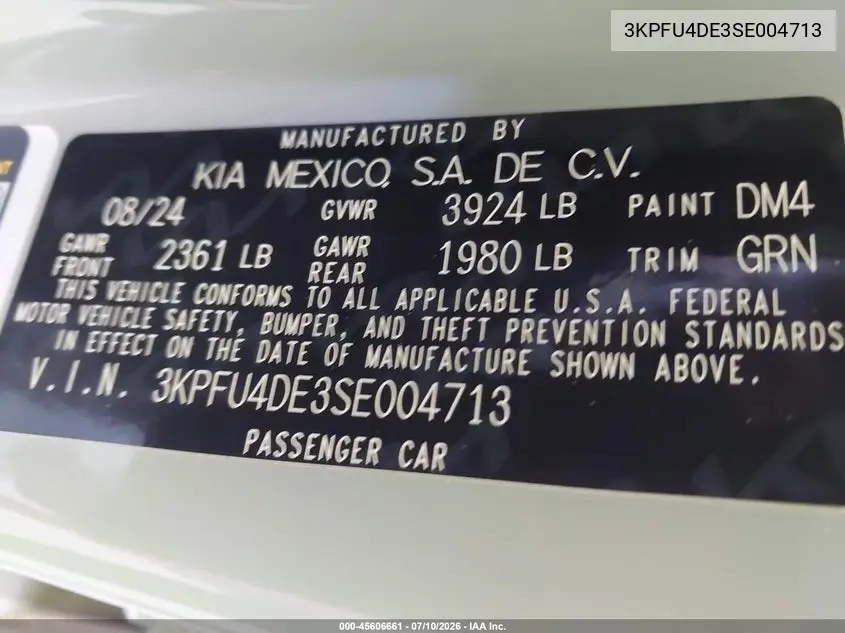 2025 Kia K4 Ex VIN: 3KPFU4DE3SE004713 Lot: 45606661