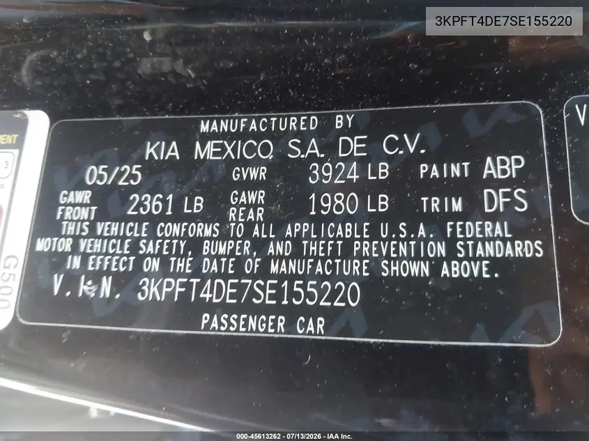 2025 Kia K4 Lxs VIN: 3KPFT4DE7SE155220 Lot: 45613262
