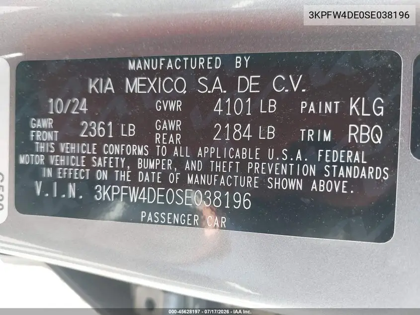 2025 Kia K4 Gt-Line VIN: 3KPFW4DE0SE038196 Lot: 45628197