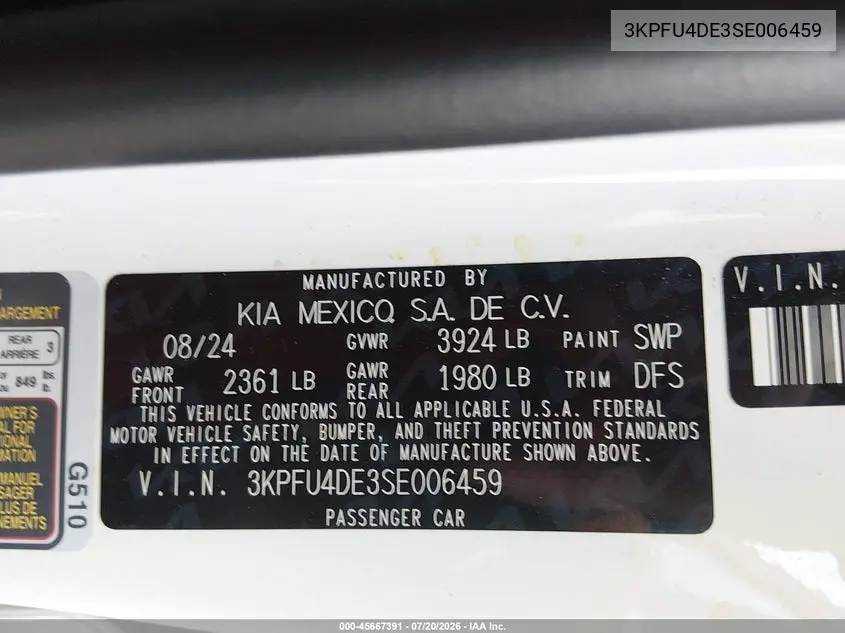 2025 Kia K4 Ex VIN: 3KPFU4DE3SE006459 Lot: 45667391