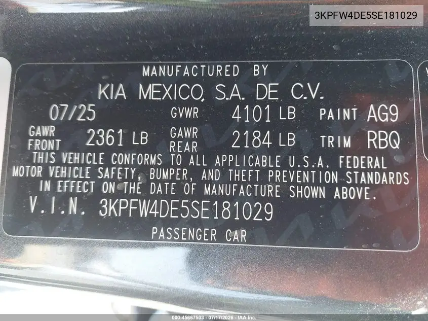2025 Kia K4 Gt-Line VIN: 3KPFW4DE5SE181029 Lot: 45667503