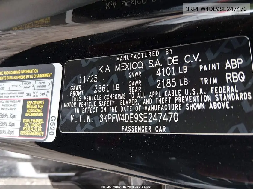2025 Kia K4 Gt-Line VIN: 3KPFW4DE9SE247470 Lot: 45679462