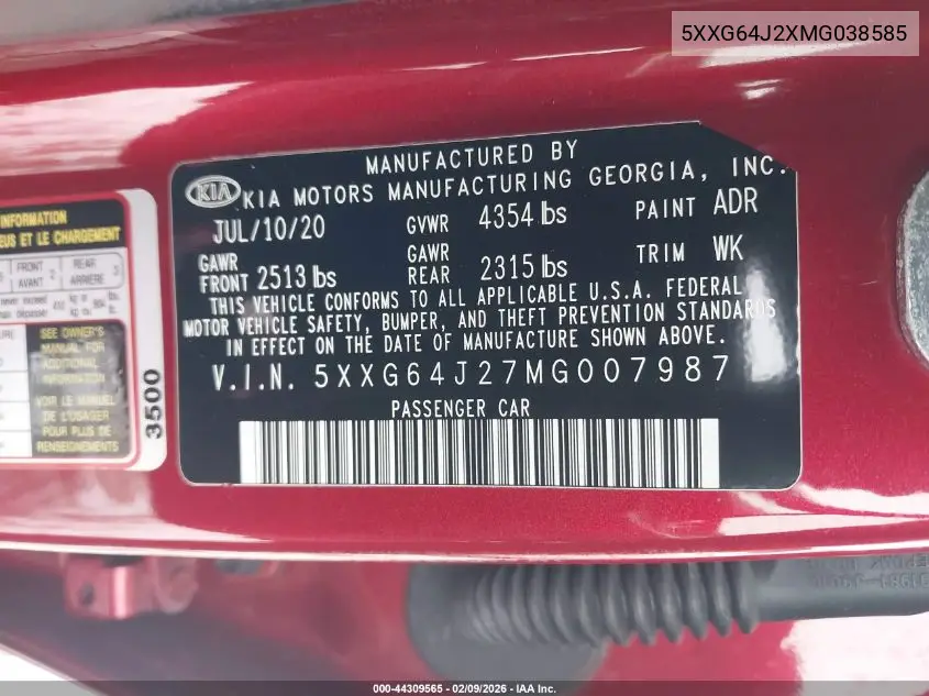2021 Kia K5 Gt Line VIN: 5XXG64J27MG007987 Lot: 44309565