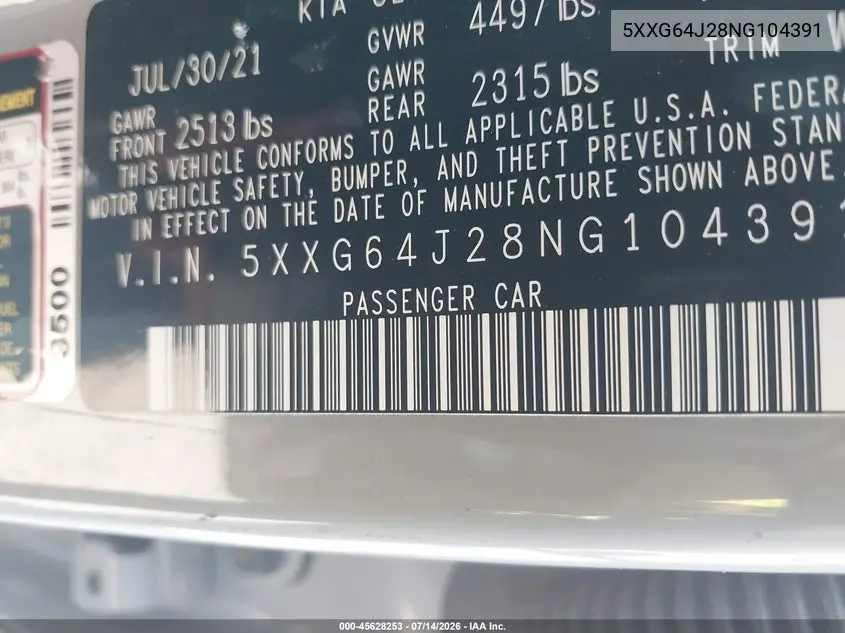 2022 Kia K5 Gt-Line VIN: 5XXG64J28NG104391 Lot: 45628253