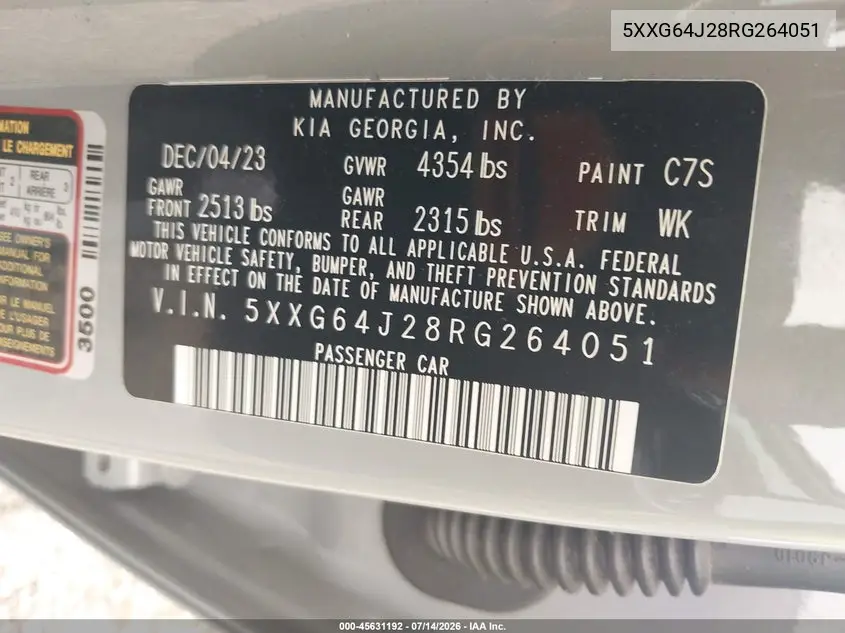 2024 Kia K5 Gt-Line VIN: 5XXG64J28RG264051 Lot: 45631192
