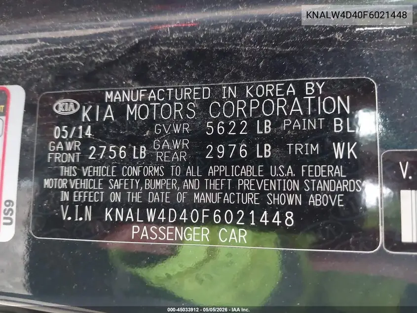 2015 Kia K900 Luxury VIN: KNALW4D40F6021448 Lot: 45033912