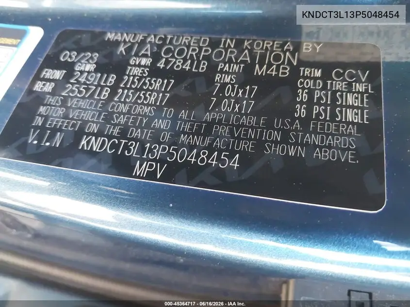 2023 Kia Niro Ev Wave VIN: KNDCT3L13P5048454 Lot: 45364717