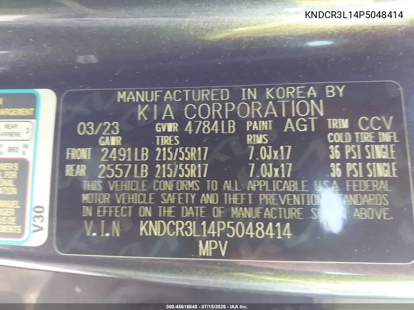 2023 Kia Niro Ev Wind VIN: KNDCR3L14P5048414 Lot: 45616848
