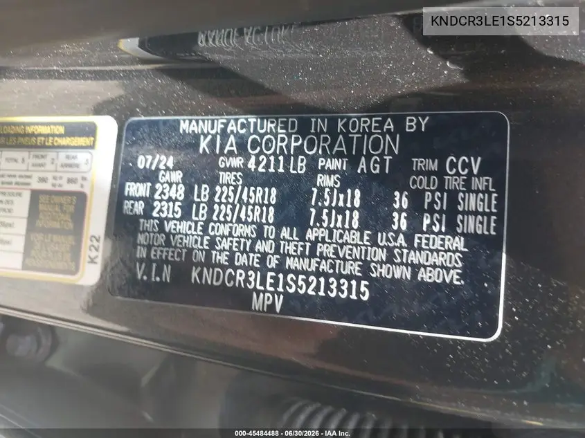 2025 Kia Niro Ex Touring VIN: KNDCR3LE1S5213315 Lot: 45484488