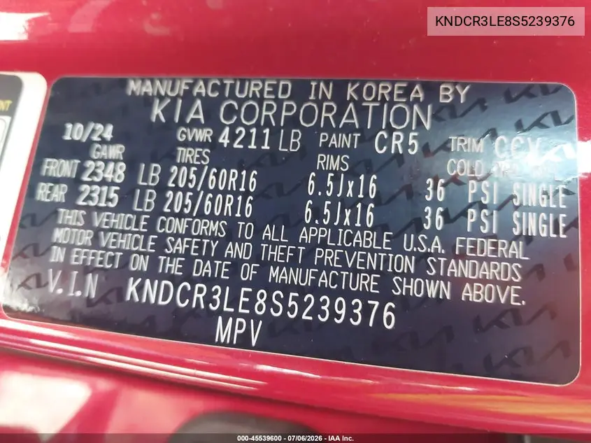 2025 Kia Niro Ex VIN: KNDCR3LE8S5239376 Lot: 45539600