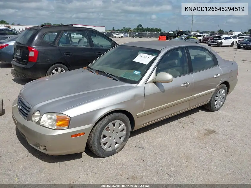 2004 Kia Optima Ex/Lx VIN: KNAGD126645294519 Lot: 45355210