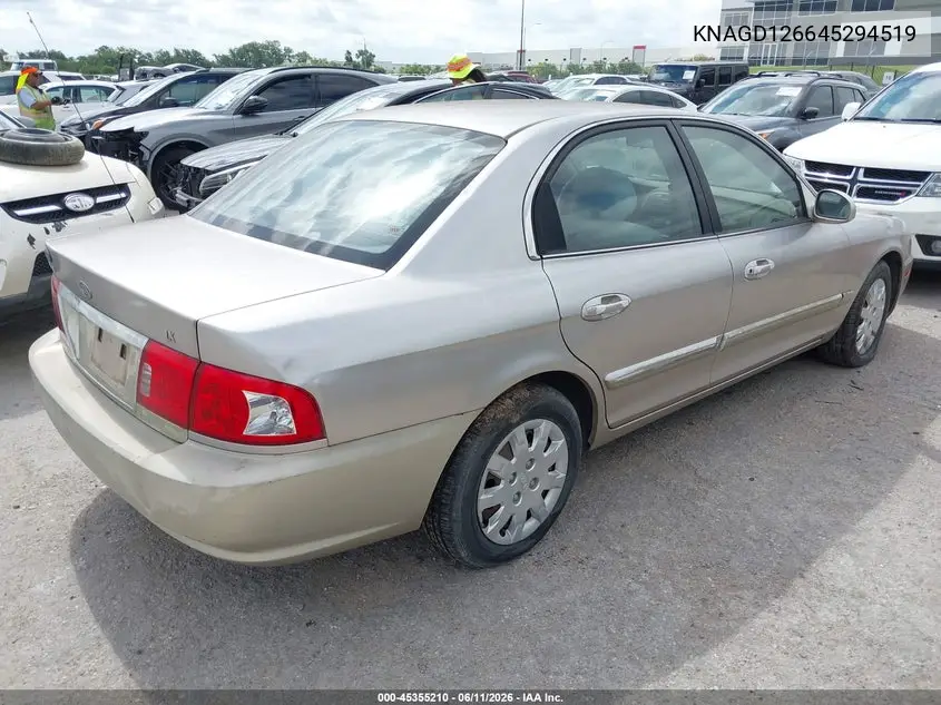 2004 Kia Optima Ex/Lx VIN: KNAGD126645294519 Lot: 45355210