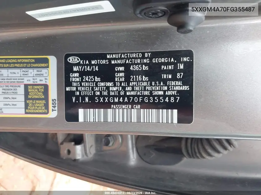 2015 Kia Optima Lx VIN: 5XXGM4A70FG355487 Lot: 45433313