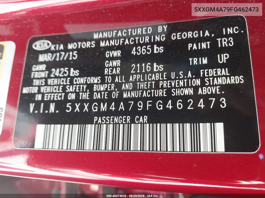 5XXGM4A79FG462473 2015 Kia Optima Lx