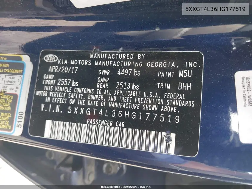 2017 Kia Optima Lx VIN: 5XXGT4L36HG177519 Lot: 45307043