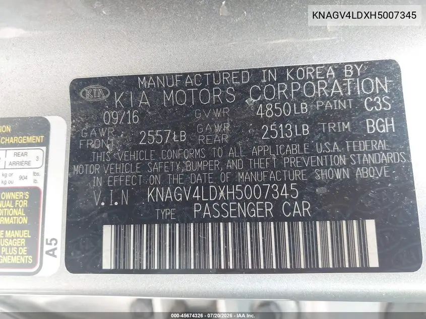 2017 Kia Optima Plug-In Hybrid Ex VIN: KNAGV4LDXH5007345 Lot: 45674326