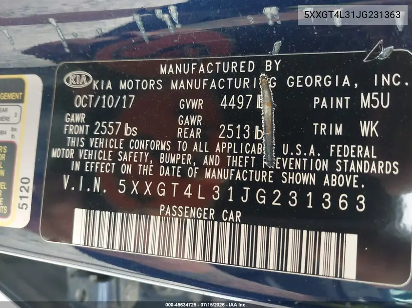 2018 Kia Optima Lx VIN: 5XXGT4L31JG231363 Lot: 45634725
