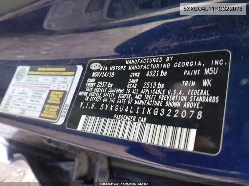 5XXGU4L11KG322078 2019 Kia Optima Ex