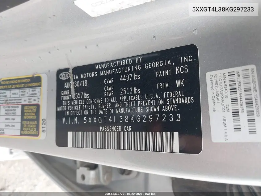 5XXGT4L38KG297233 2019 Kia Optima Lx