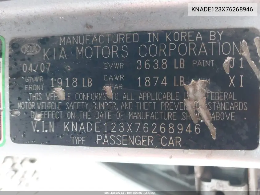 KNADE123X76268946 2007 Kia Rio Lx
