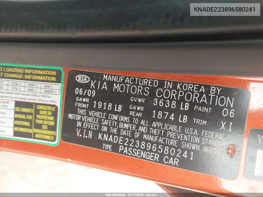 2009 Kia Rio Lx VIN: KNADE223896580241 Lot: 45642846
