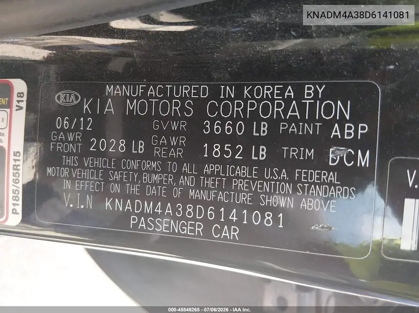 2013 Kia Rio Lx VIN: KNADM4A38D6141081 Lot: 45546265