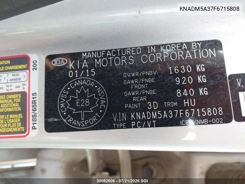 2015 Kia Rio Lx VIN: KNADM5A37F6715808 Lot: 30082606