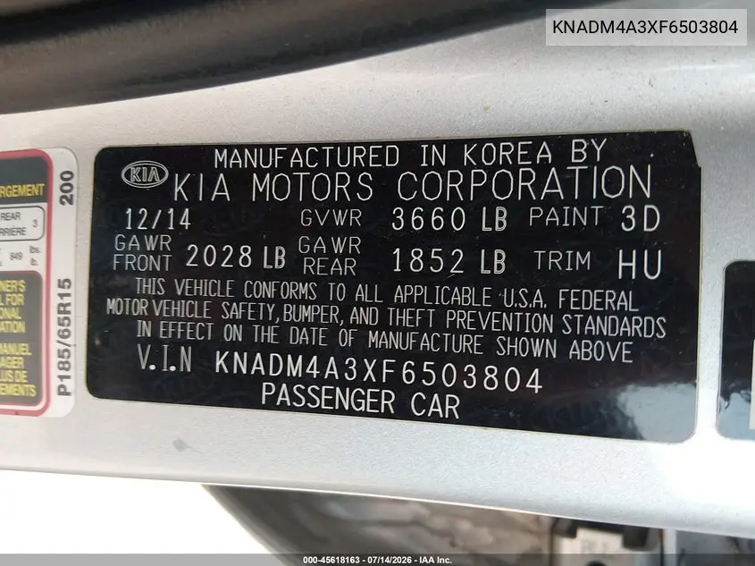 2015 Kia Rio Lx VIN: KNADM4A3XF6503804 Lot: 45618163
