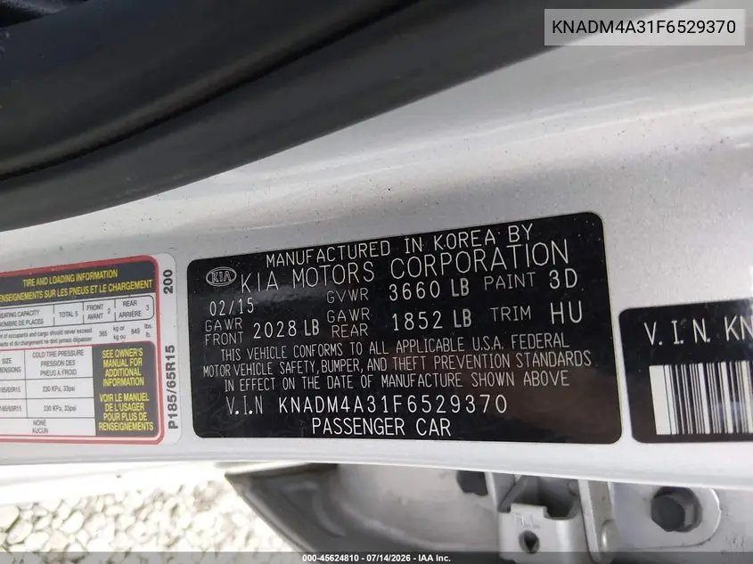 2015 Kia Rio Lx VIN: KNADM4A31F6529370 Lot: 45624810