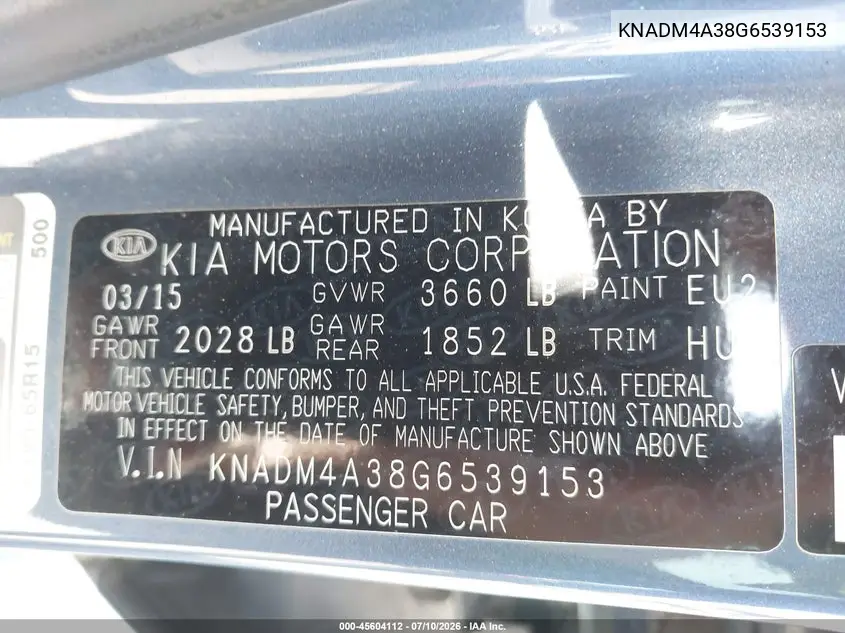 2016 Kia Rio Lx VIN: KNADM4A38G6539153 Lot: 45604112